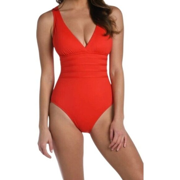 La Blanca Womens Red V-Neck One-Piece Swimsuit US Size 4 - Picture 1 of 6